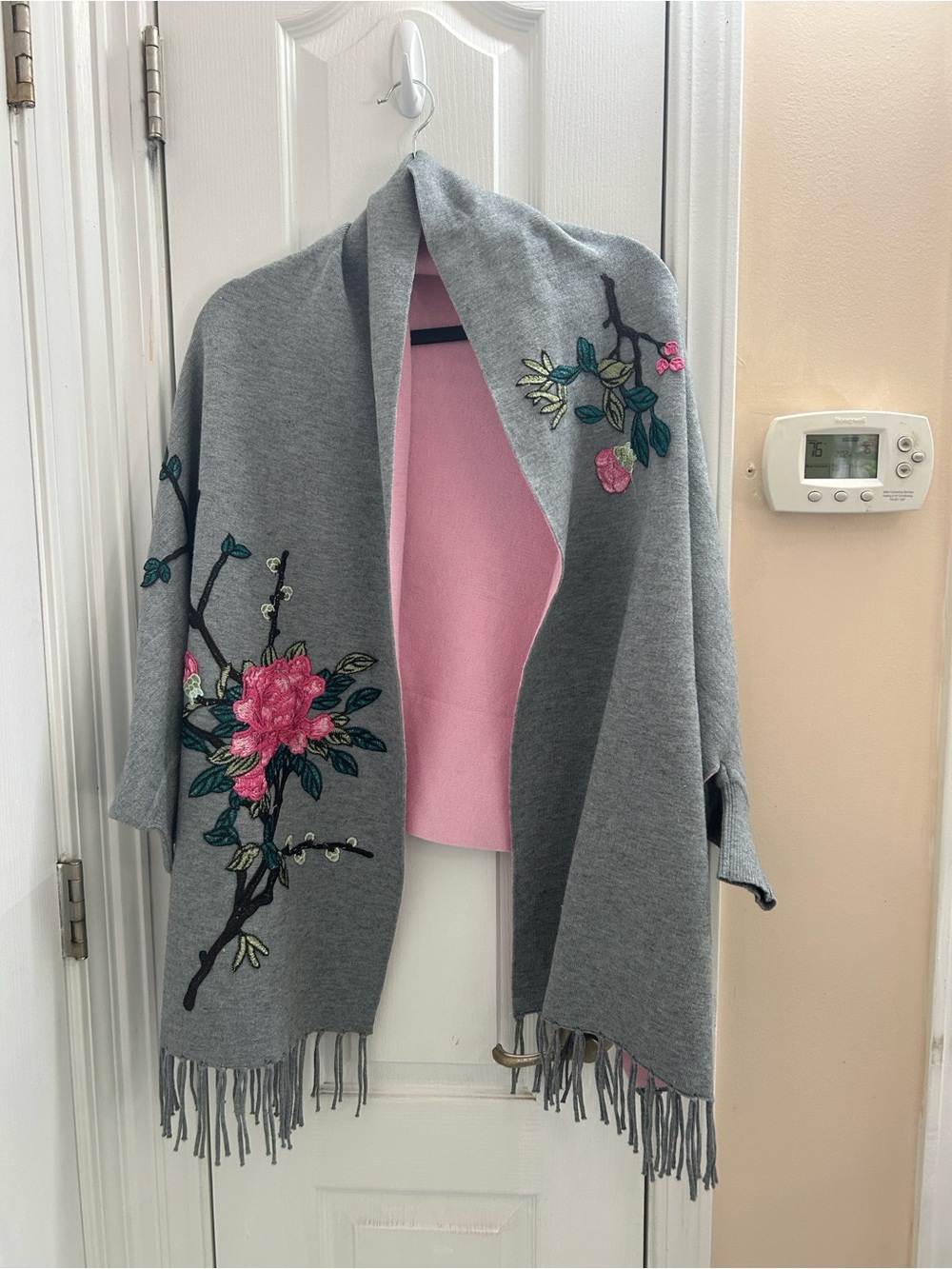 Gray Floral Embroidered Fringe Shawl Cardigan with Pink Lining